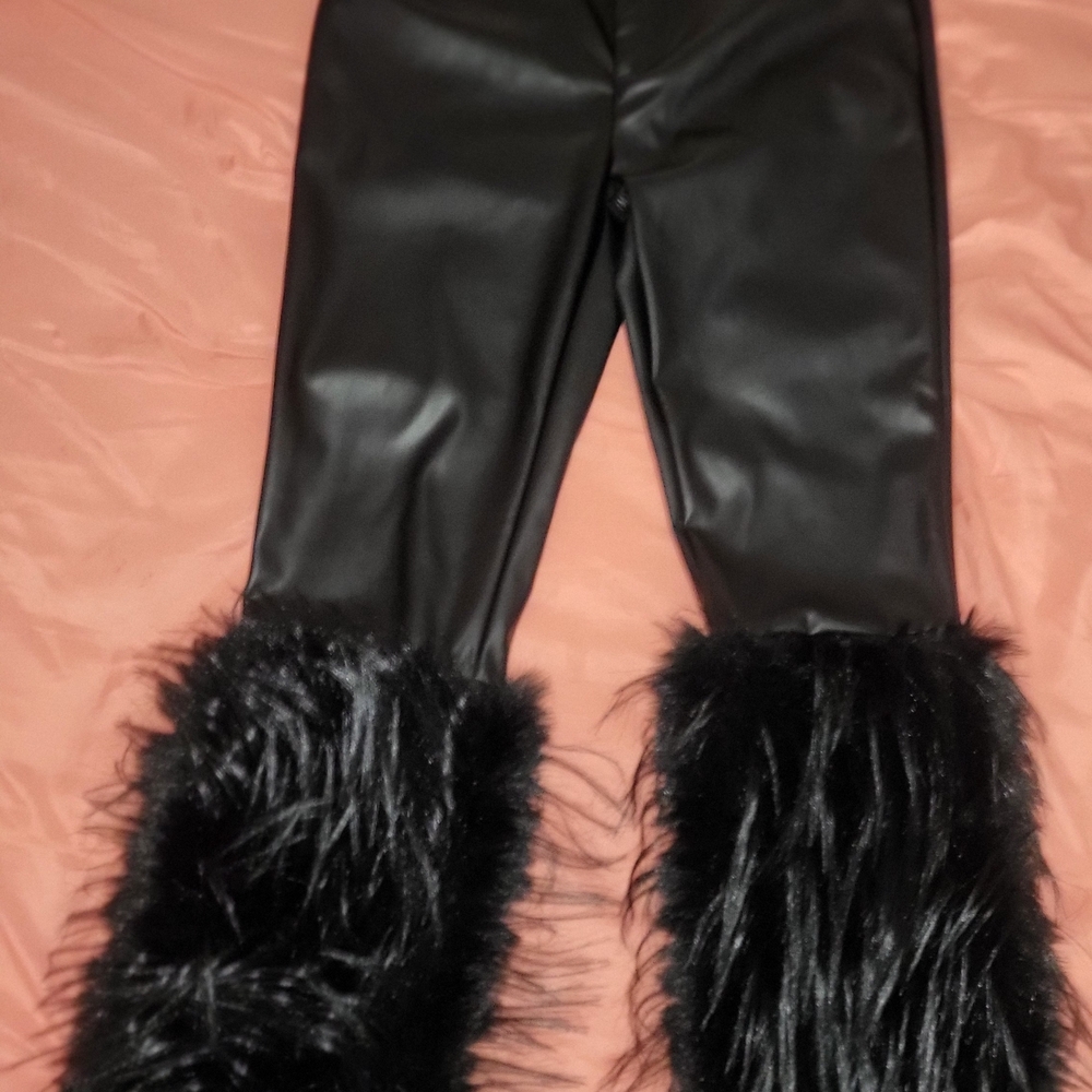 Women's Black Faux Leather Pants with Fur Trim - Picture 5 of 11